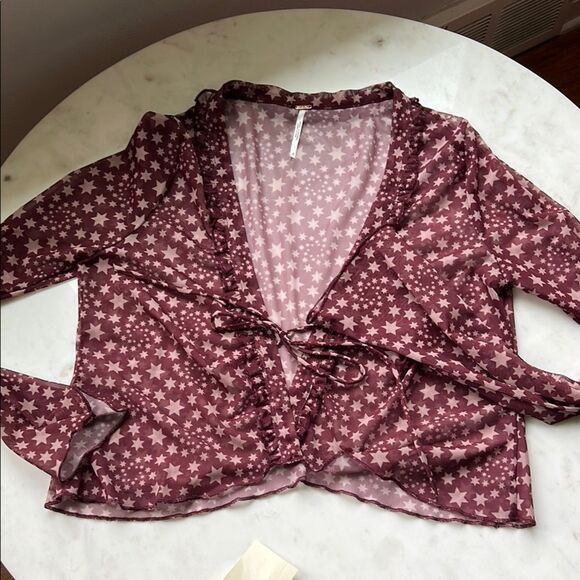 Free People Tops - Free People burgundy STAR Tie Front Ruffled Sheer Blouse Medium